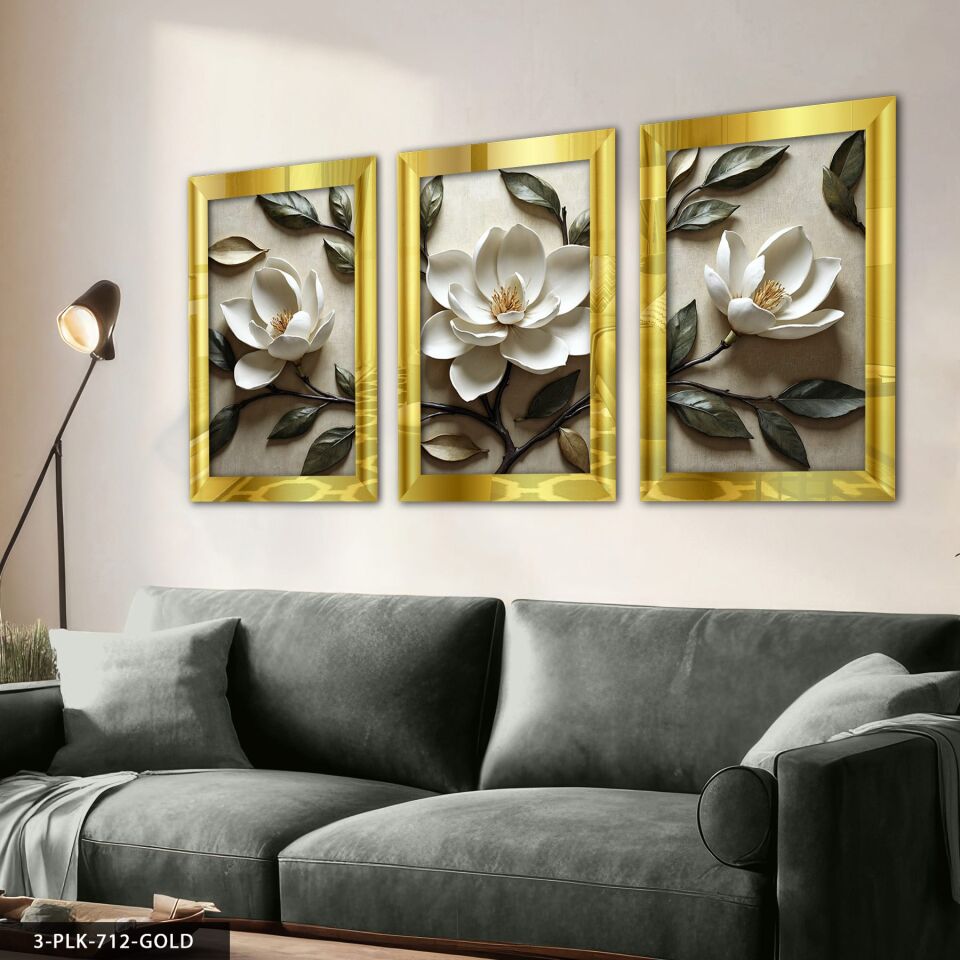 Beyaz Çiçek ve Yapraklar 3 Parça Pleksi Aynalı Tablo 20 x 30 CM - Gold