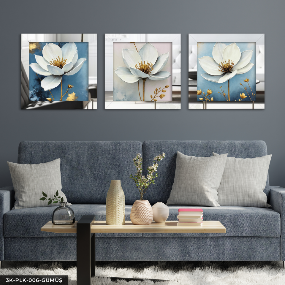 Gold Yapraklı Beyaz Çiçek 3 Parça Pleksi Aynalı Çerçeveli Tablo Gümüş - 30 x 30 CM