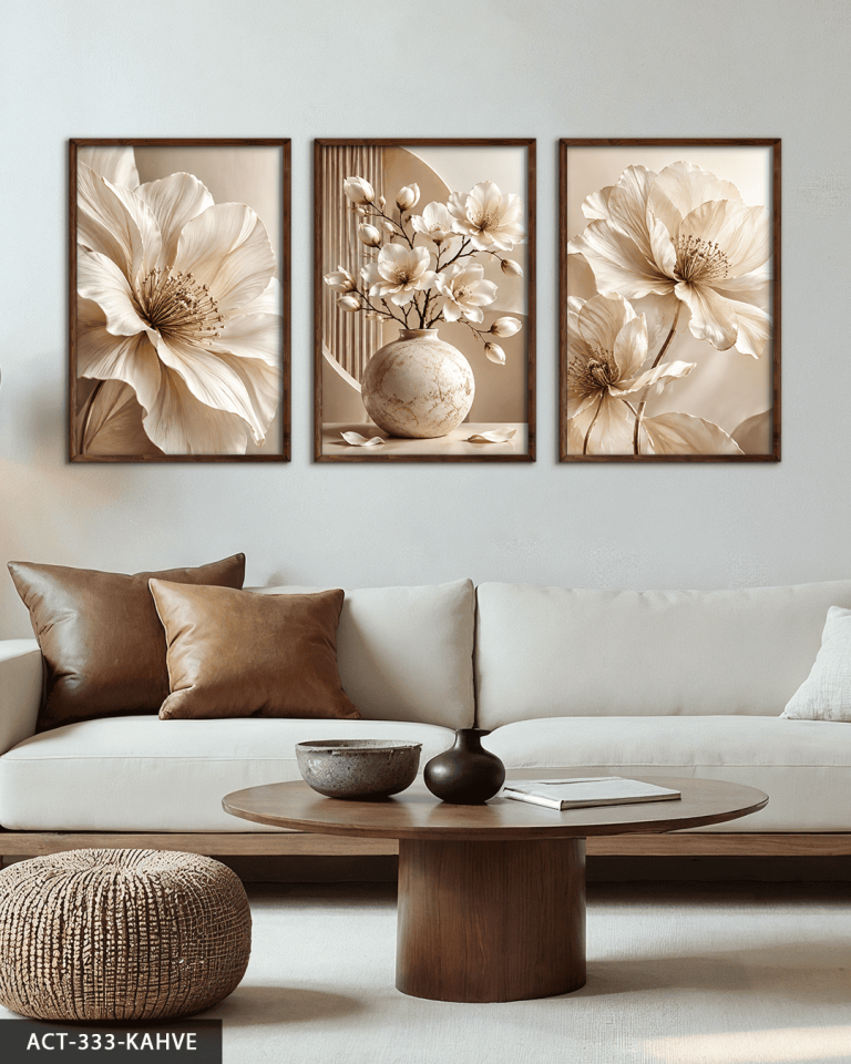 Beyaz Zarif Çiçekler 3 Parça Ahşap Çerçeveli Tablo ACT Kahverengi - 40 x 60 CM
