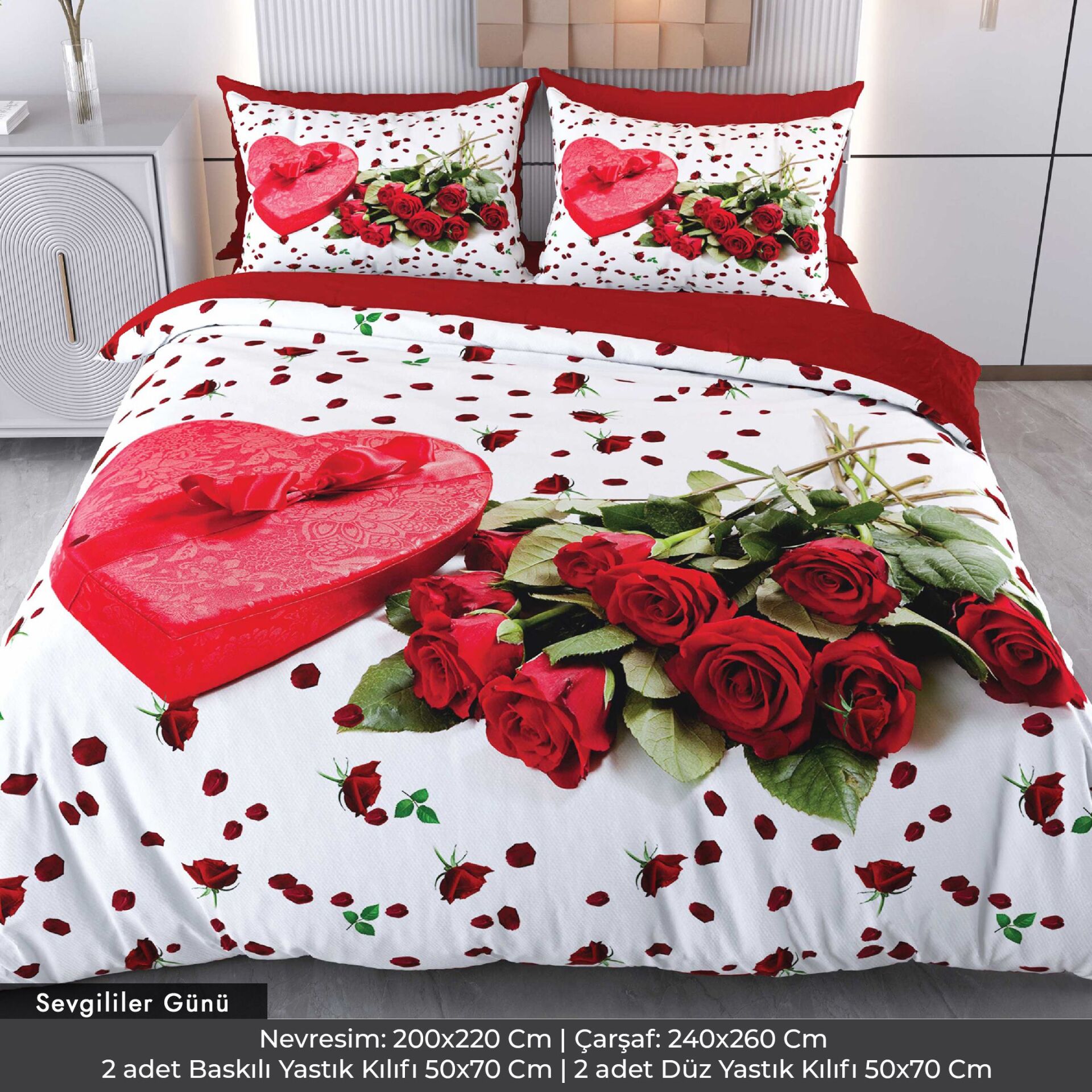 Kırmızı Gül Hediye Dijital Baskılı 3D 3 Boyutlu Çift Kişilik Nevresim Takımı Çift Kişilik
