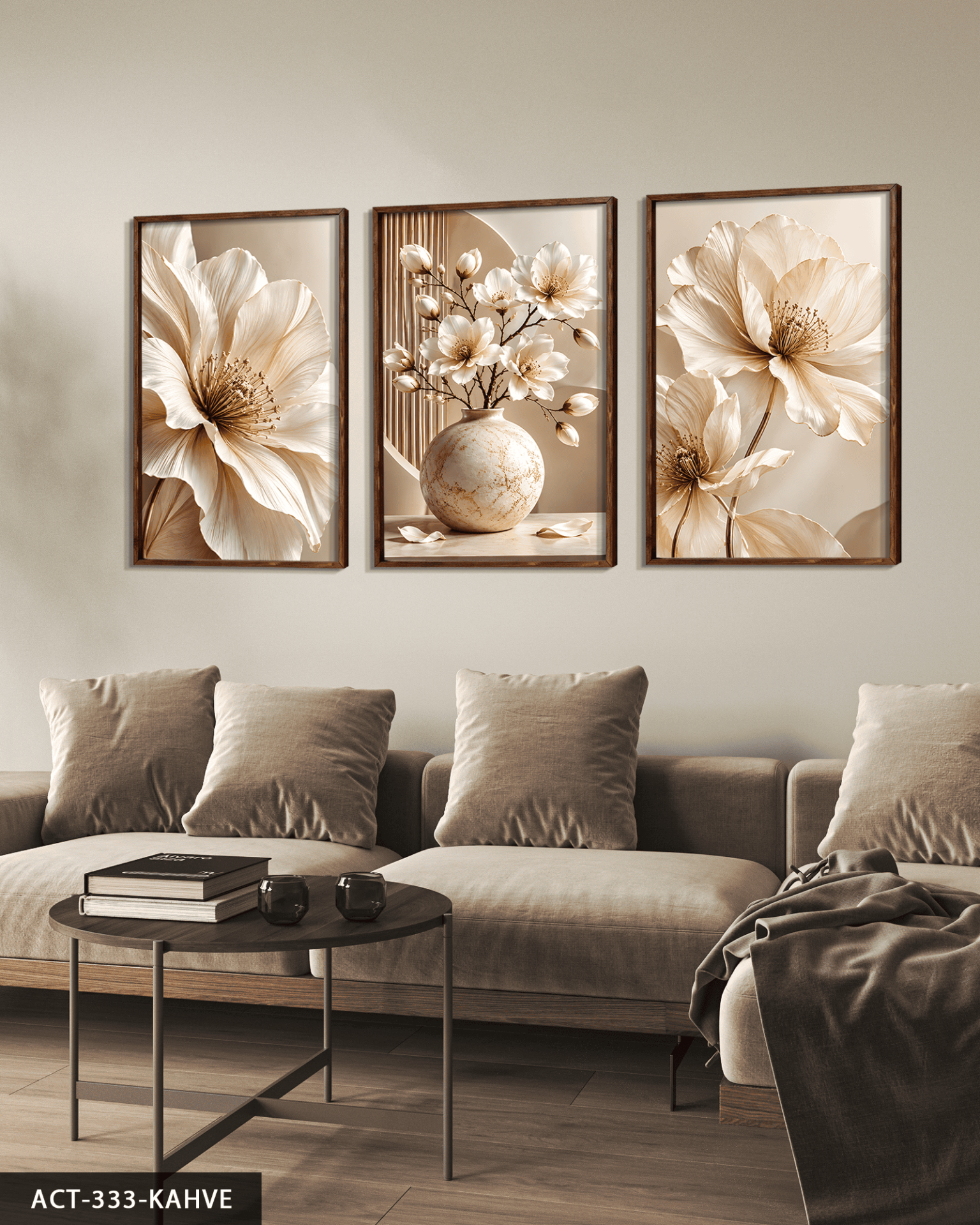 Beyaz Zarif Çiçekler 3 Parça Ahşap Çerçeveli Tablo ACT Kahverengi - 50 x 70 CM