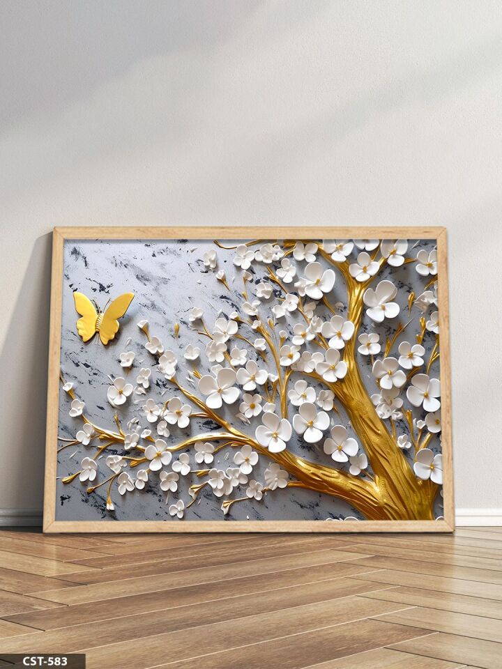 Gold Dallarda Beyaz Çiçek Tek Parça Ahşap Çerçeveli Tablo Naturel - 30 x 40 CM
