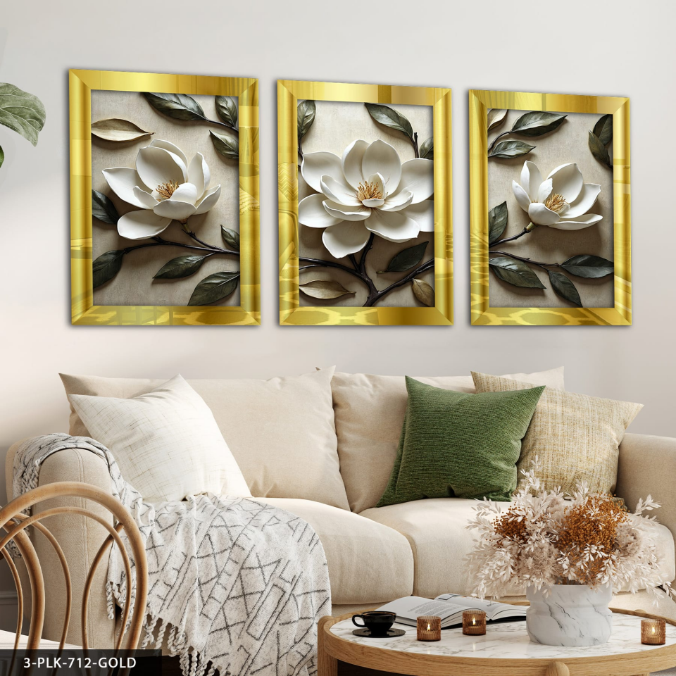 Beyaz Çiçek ve Yapraklar 3 Parça Pleksi Aynalı Tablo 40 x 60 CM - Gold
