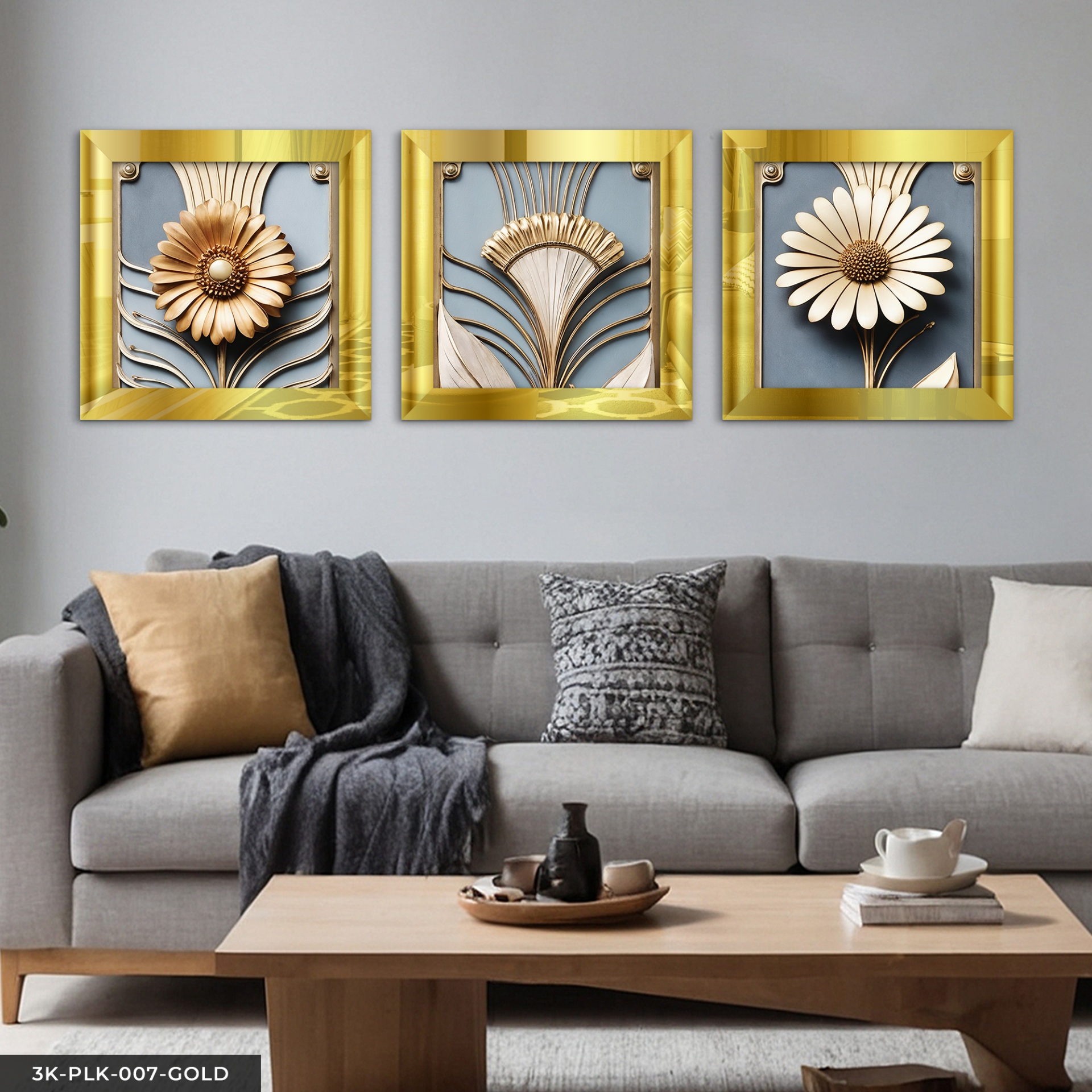 Gold Çiçek 3 Parça Pleksi Aynalı Çerçeveli Tablo Gold - 30 x 30 CM