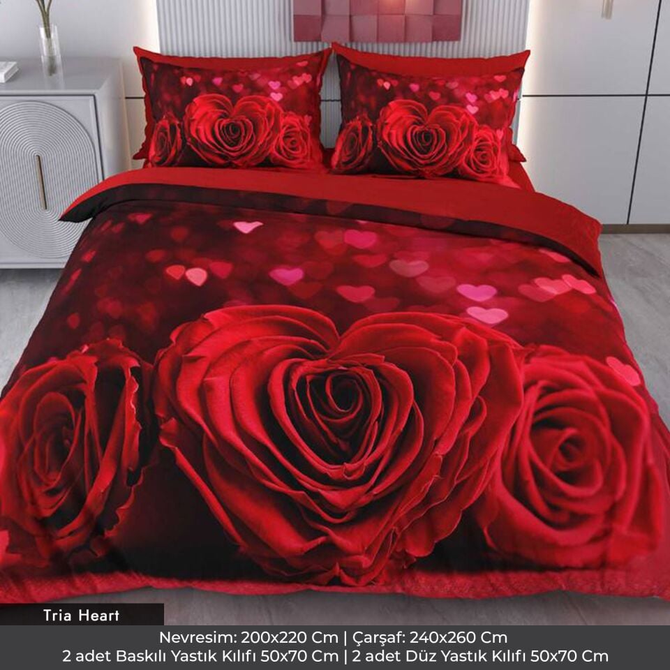 Kırmızı Kalp Gül Dijital Baskılı 3D 3 Boyutlu Çift Kişilik Nevresim Takımı Çift Kişilik