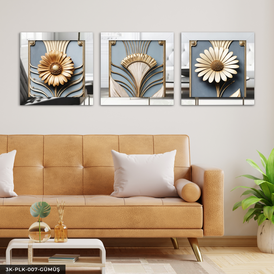 Gold Çiçek 3 Parça Pleksi Aynalı Çerçeveli Tablo Gümüş - 30 x 30 CM
