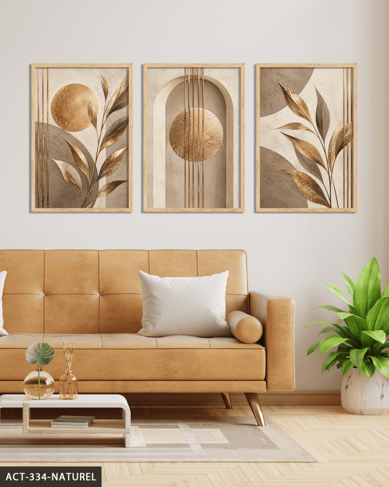 Gold Yapraklar 3 Parça Ahşap Çerçeveli Tablo ACT Naturel - 40 x 60 CM