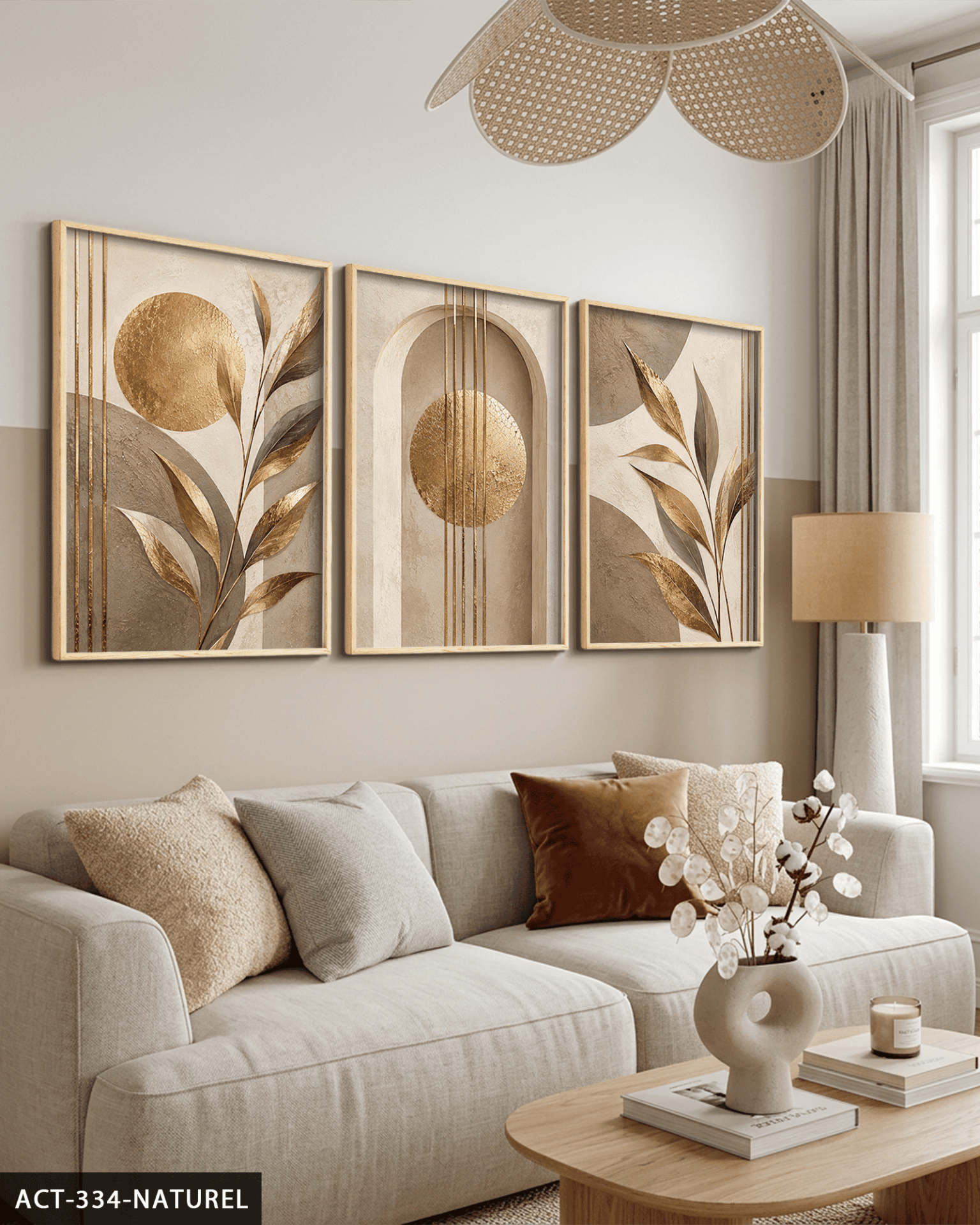 Gold Yapraklar 3 Parça Ahşap Çerçeveli Tablo ACT Naturel - 40 x 60 CM