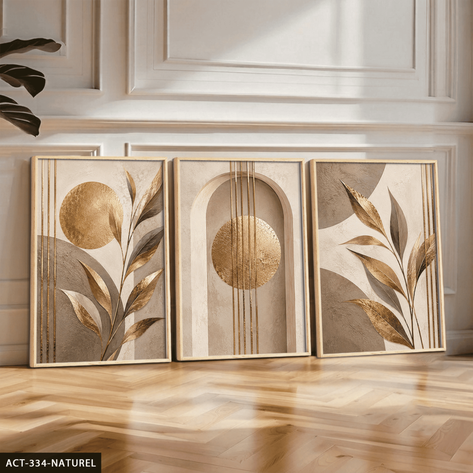 Gold Yapraklar 3 Parça Ahşap Çerçeveli Tablo ACT Naturel - 50 x 70 CM