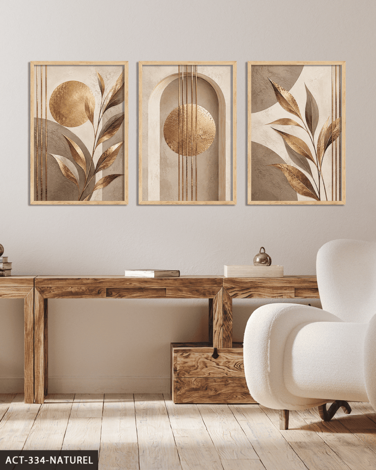 Gold Yapraklar 3 Parça Ahşap Çerçeveli Tablo ACT Naturel - 50 x 70 CM