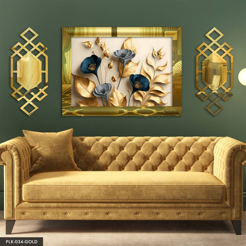 Zarif Gold Yapraklar ve Mavi Çiçekler ile Dallar Yan Dekorlu 3 Parça Pleksi Tablo DKRPLK 130 x 25 CM - Gold