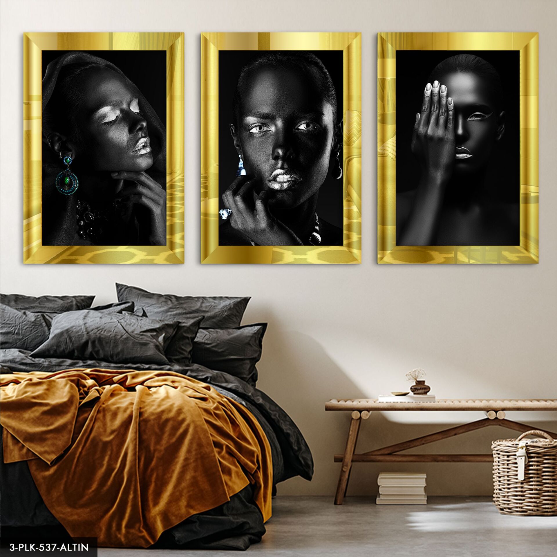 Afrikalı Kadınlar 3 Parça Pleksi Aynalı Tablo 50 x 70 CM - Gold