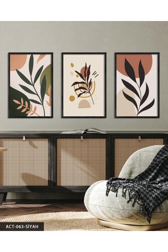 Çiçek Yaprak 3 Parça Ahşap Çerçeveli Tablo