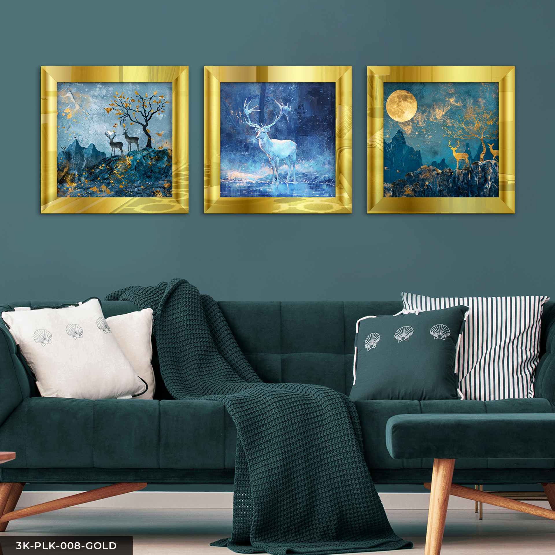 Mavi Geyik ve Gold Ay 3 Parça Pleksi Aynalı Çerçeveli Tablo Gold - 30 x 30 CM