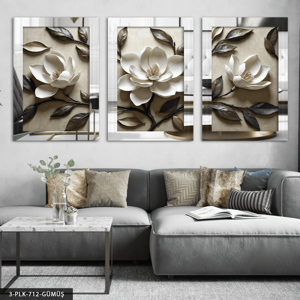 Beyaz Çiçek ve Yapraklar 3 Parça Pleksi Aynalı Tablo Gümüş - 30 x 40 CM