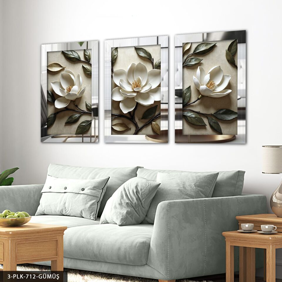 Beyaz Çiçek ve Yapraklar 3 Parça Pleksi Aynalı Tablo Gümüş - 30 x 40 CM