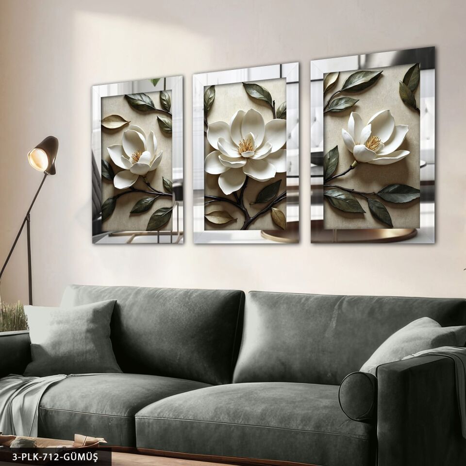 Beyaz Çiçek ve Yapraklar 3 Parça Pleksi Aynalı Tablo Gümüş - 30 x 40 CM