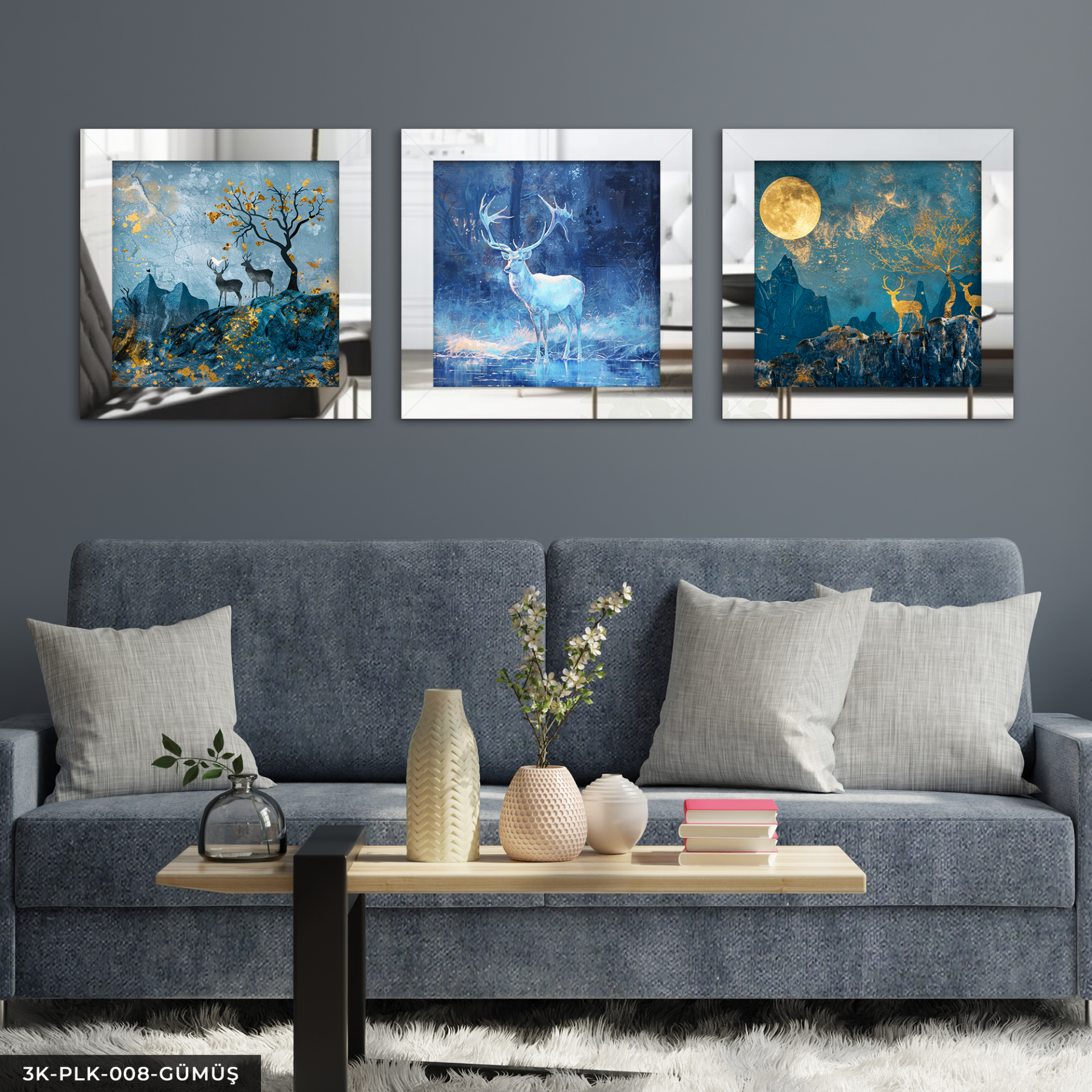Mavi Geyik ve Gold Ay 3 Parça Pleksi Aynalı Çerçeveli Tablo Gümüş - 30 x 30 CM