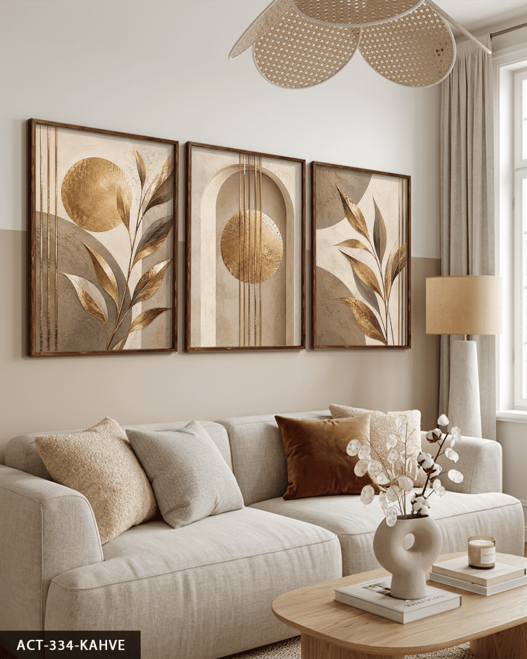 Gold Yapraklar 3 Parça Ahşap Çerçeveli Tablo ACT Kahverengi - 40 x 60 CM