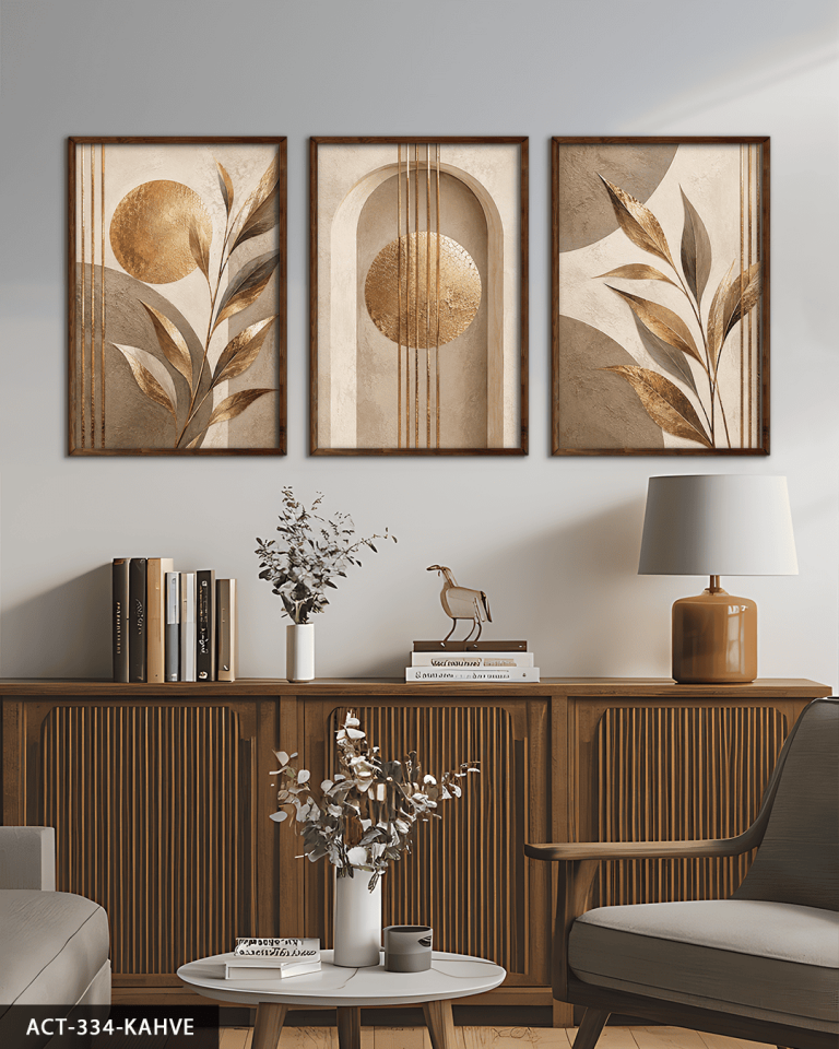 Gold Yapraklar 3 Parça Ahşap Çerçeveli Tablo ACT Kahverengi - 40 x 60 CM