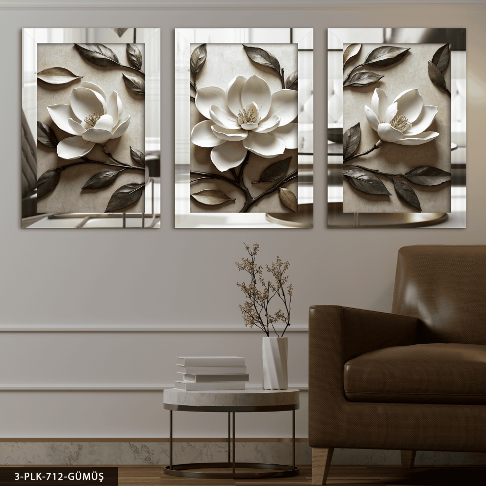 Beyaz Çiçek ve Yapraklar 3 Parça Pleksi Aynalı Tablo Gümüş - 40 x 60 CM