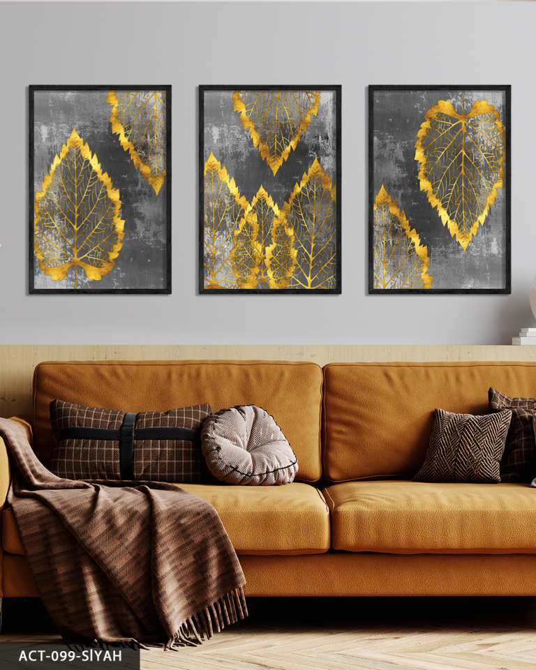 Gold Detaylı Yaprak 3 Parça Ahşap Çerçeveli Tablo ACT Siyah - 20 x 30 CM