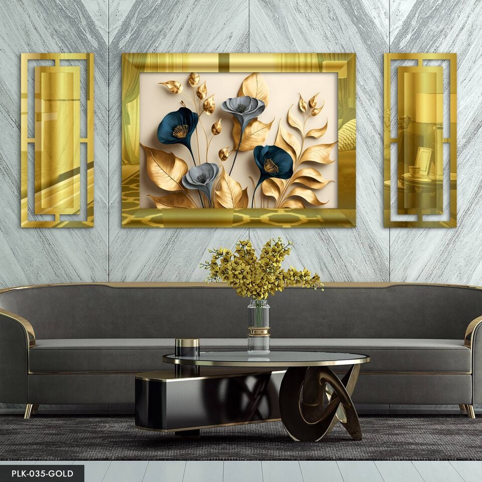 Zarif Gold Yapraklar ve Mavi Çiçekler ile Dallar Yan Dekorlu 3 Parça Pleksi Tablo DKRPLK 130 x 25 CM - Gold