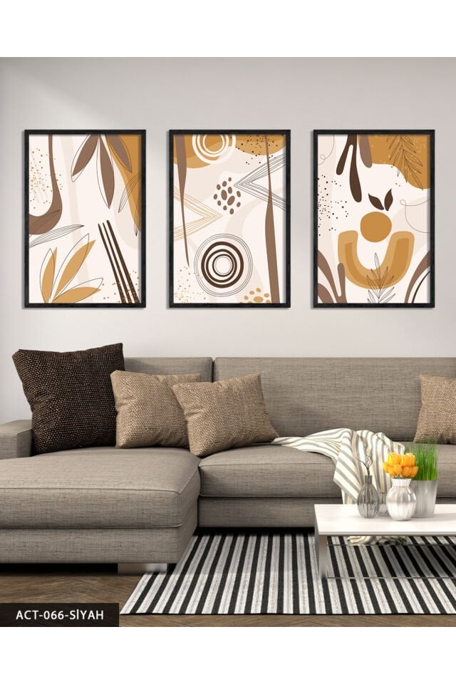 Soyut Desenler 3 Parça Ahşap Çerçeveli Tablo