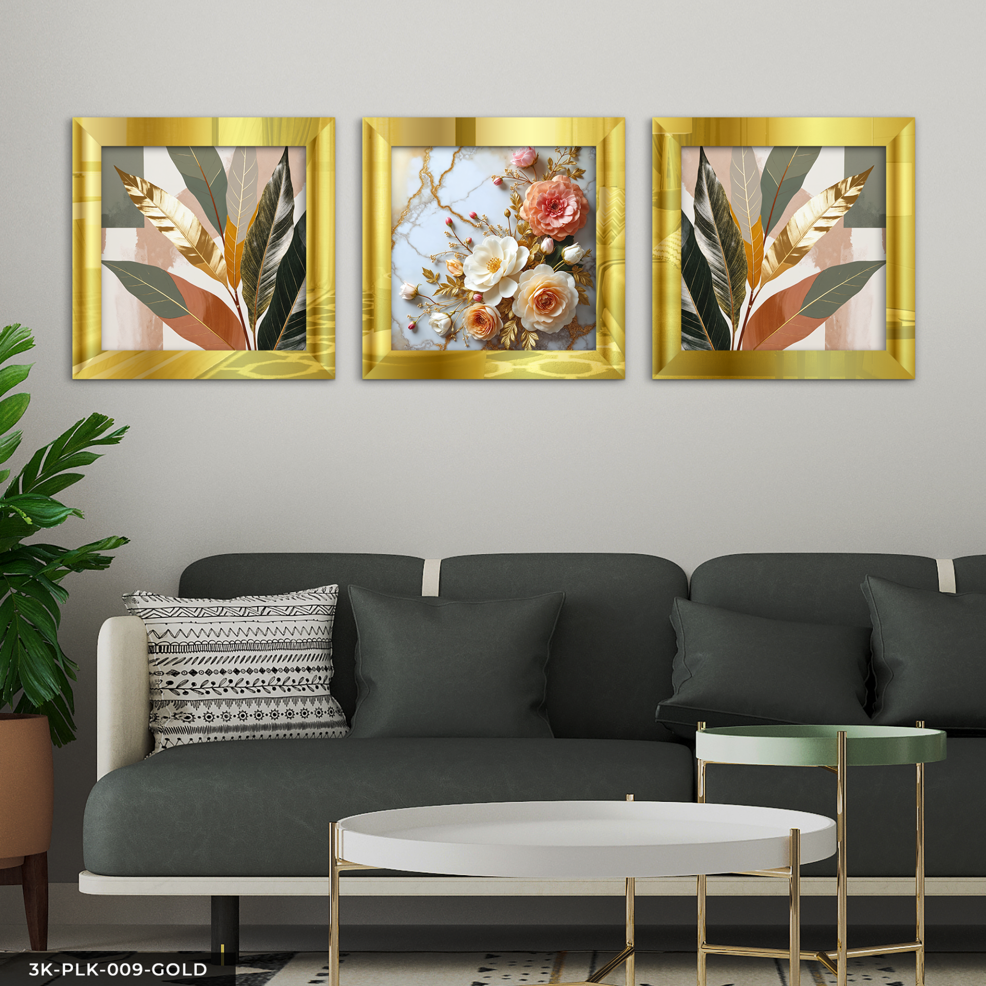 Yapraklar ve Gül 3 Parça Pleksi Aynalı Çerçeveli Tablo Gold - 30 x 30 CM