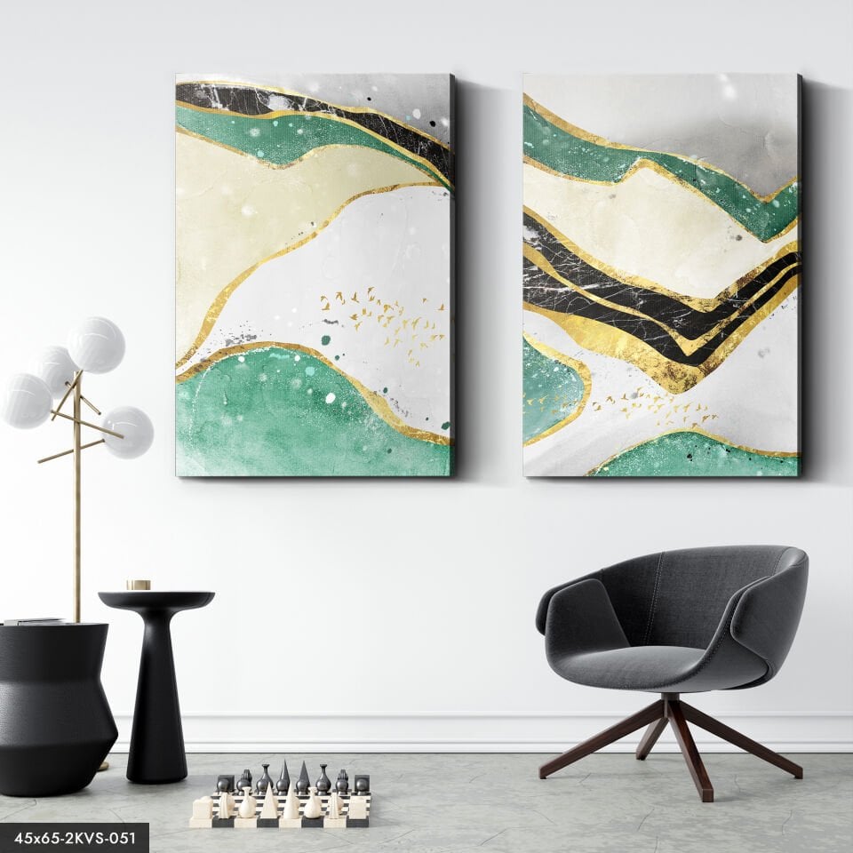 Gold Parıltılı Soyut Sanat 2 Parça Kanvas - Canvas Tablo