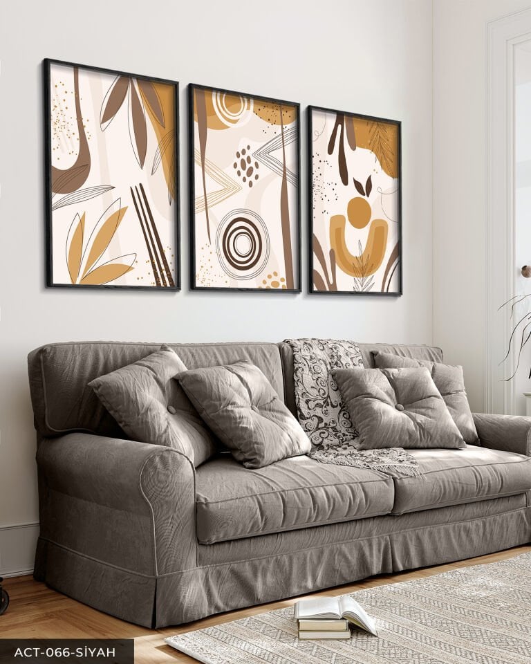 Soyut Desenler 3 Parça Ahşap Çerçeveli Tablo