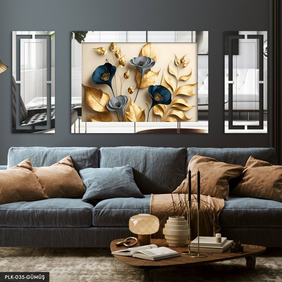 Zarif Gold Yapraklar ve Mavi Çiçekler ile Dallar Yan Dekorlu 3 Parça Pleksi Tablo DKRPLK 130 x 25 CM - Gümüş