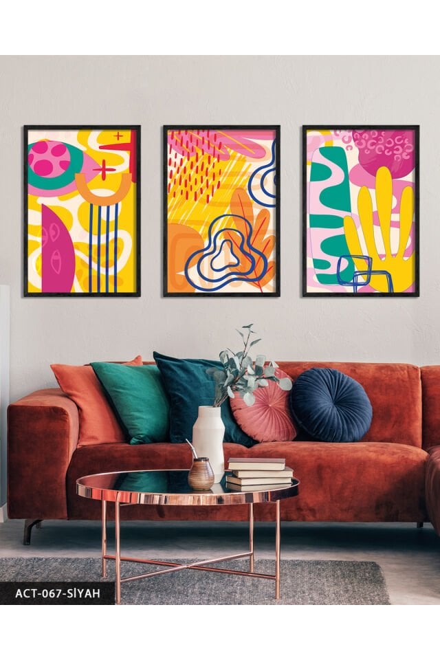 Rengarenk Desenler 3 Parça Ahşap Çerçeveli Tablo