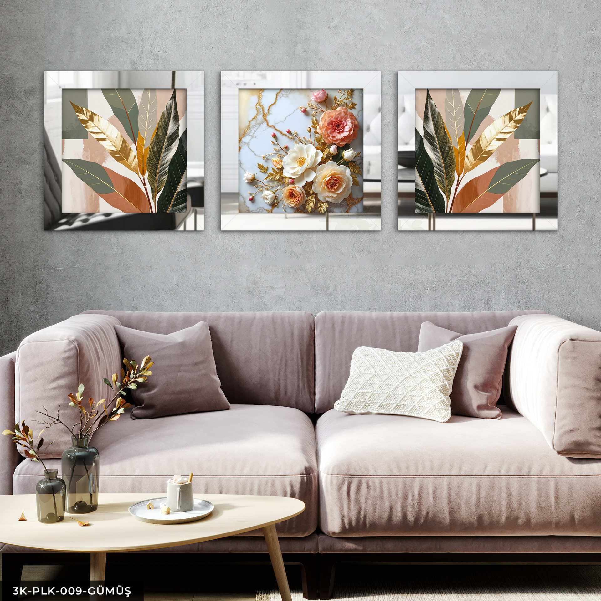 Yapraklar ve Gül 3 Parça Pleksi Aynalı Çerçeveli Tablo Gümüş - 30 x 30 CM