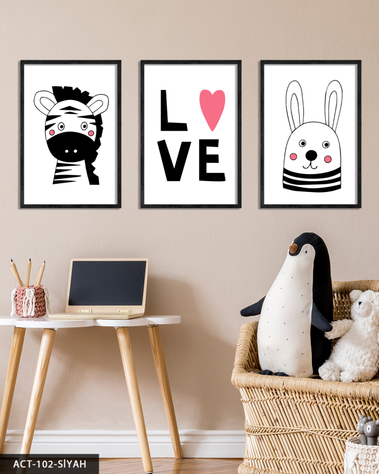 Hayvan Temalı Çocuk Odası 3 Parça Ahşap Çerçeveli Tablo ACT Siyah - 20 x 30 CM