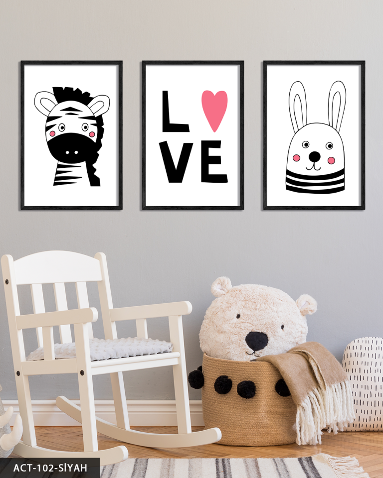Hayvan Temalı Çocuk Odası 3 Parça Ahşap Çerçeveli Tablo ACT Siyah - 20 x 30 CM