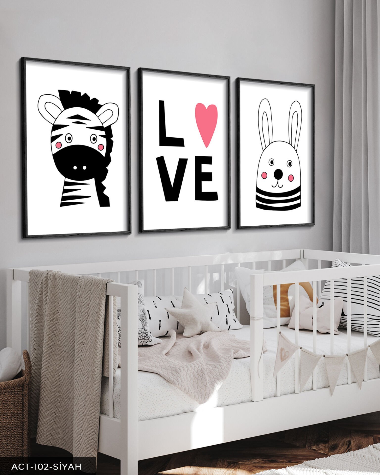 Hayvan Temalı Çocuk Odası 3 Parça Ahşap Çerçeveli Tablo ACT Siyah - 20 x 30 CM