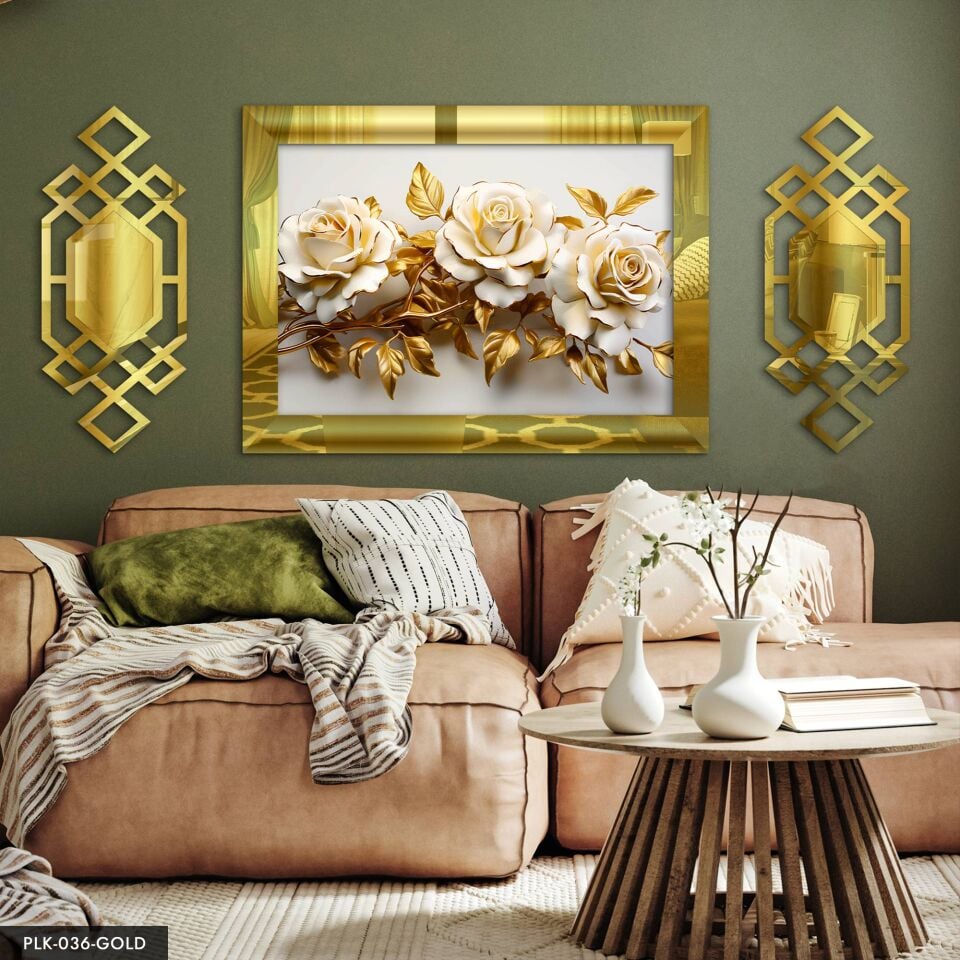 Gold Yapraklı Beyaz Güller Yan Dekorlu 3 Parça Pleksi Tablo DKRPLK 130 x 25 CM - Gold
