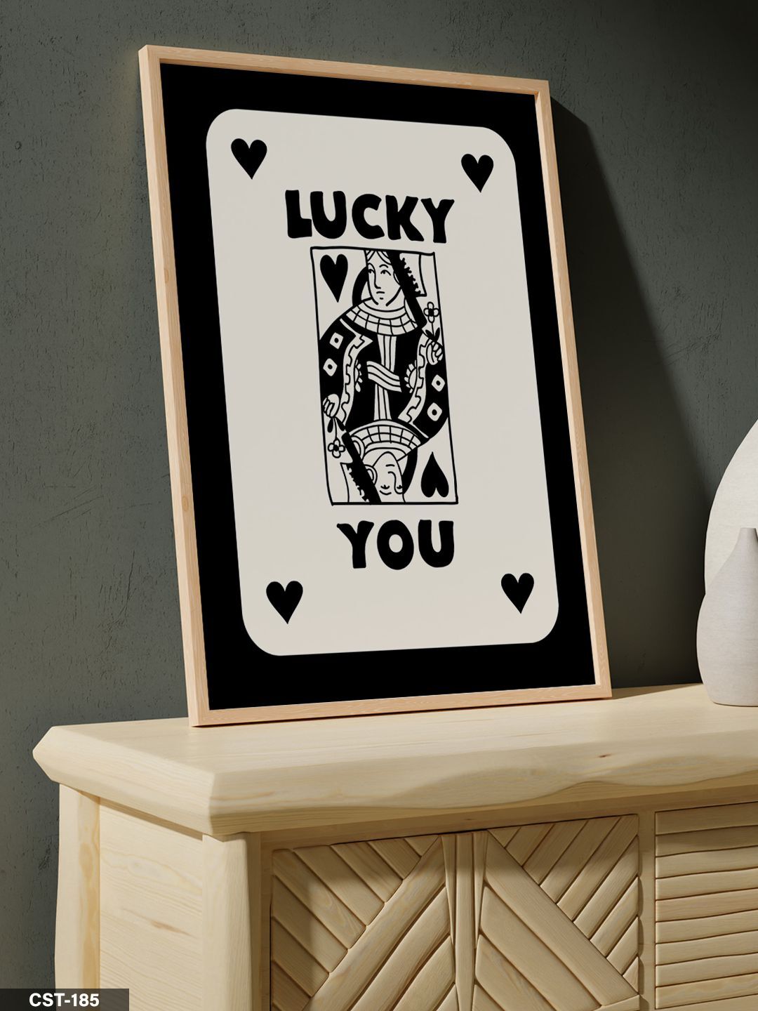 Siyah ''LUCKY YOU'' kartı Tek Parça Ahşap Çerçeveli Tablo Naturel - 20 x 30 CM