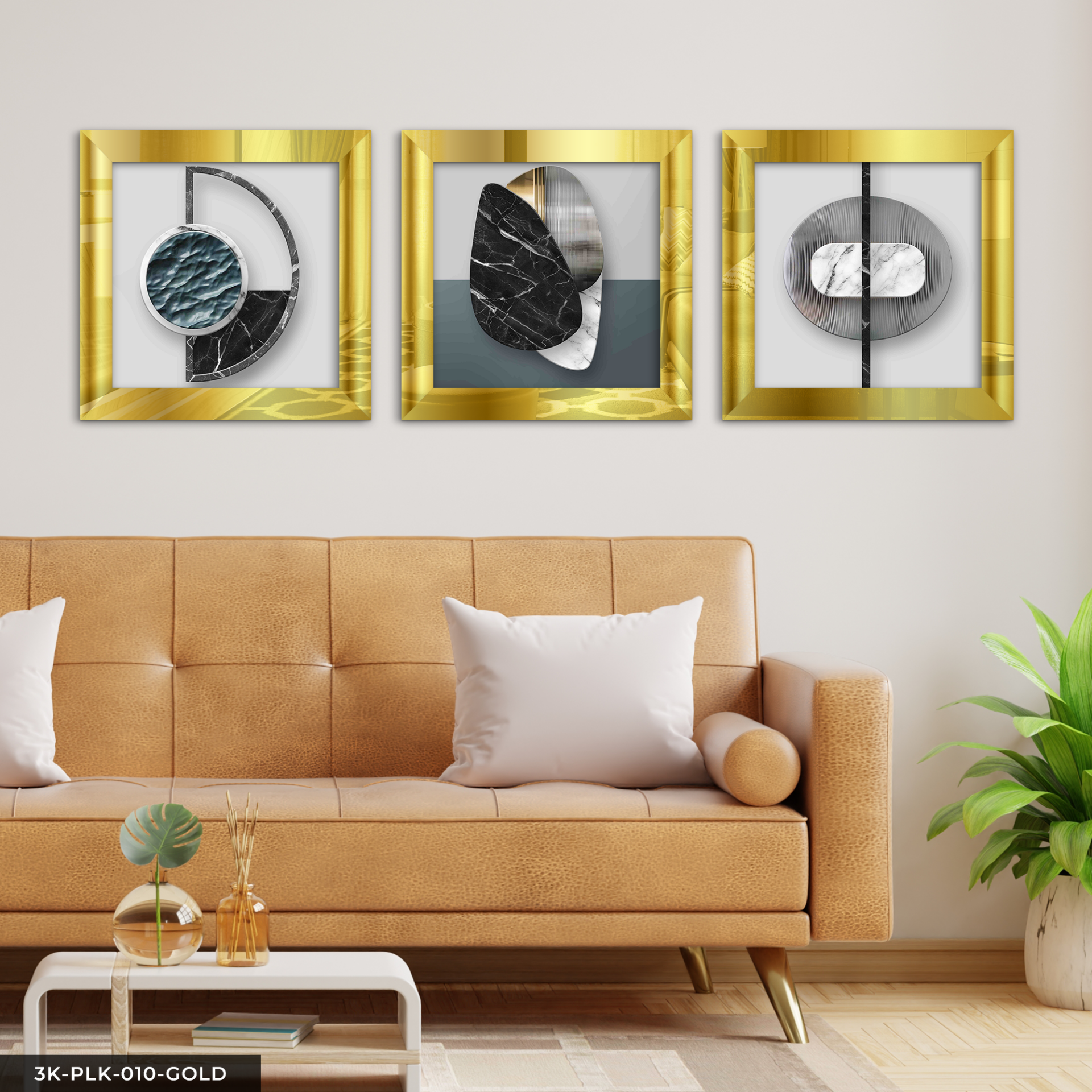 Soyut Sanat 3 Parça Pleksi Aynalı Çerçeveli Tablo Gold - 30 x 30 CM