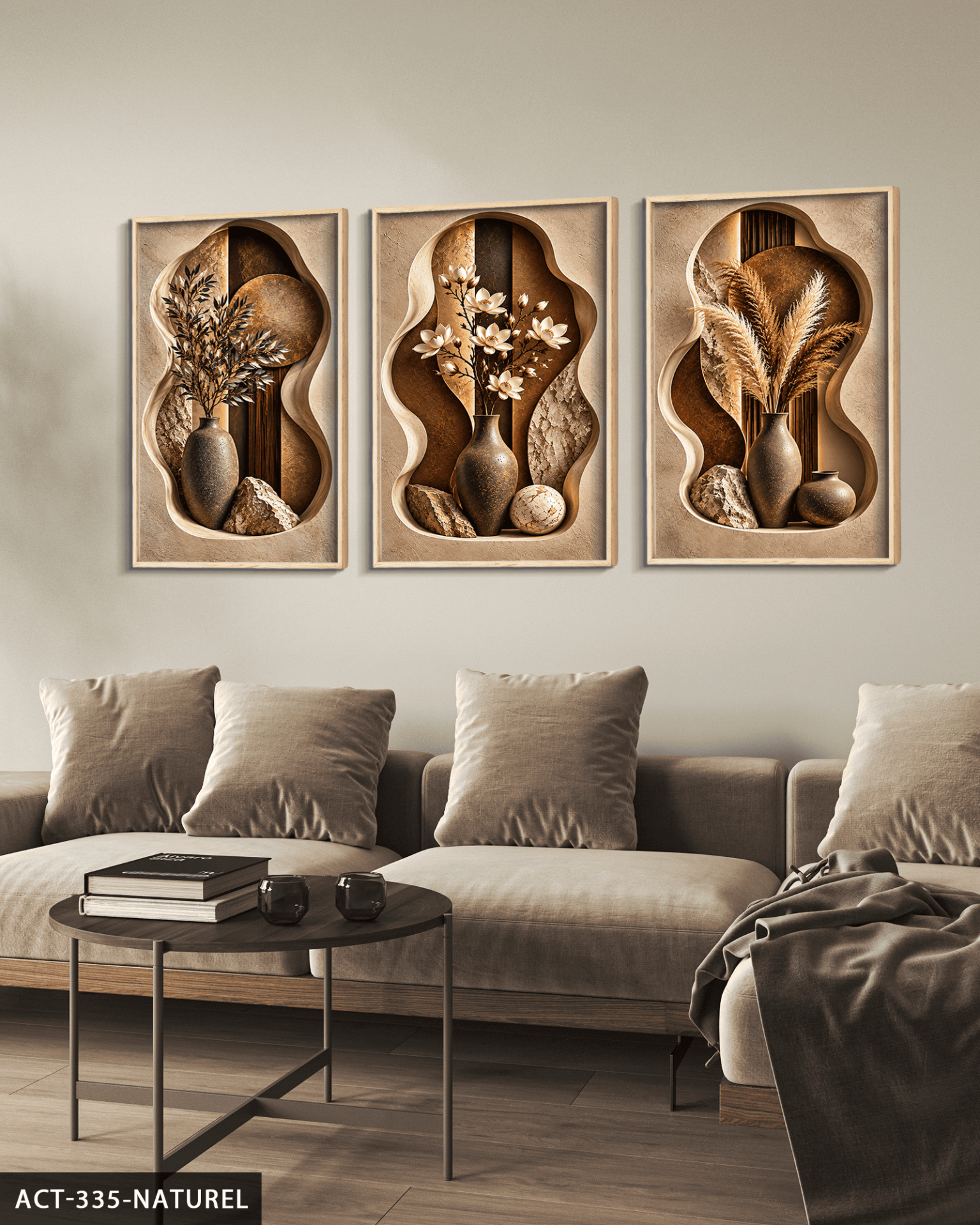 Boho Tarzda Vazoda Bitkiler 3 Parça Ahşap Çerçeveli Tablo ACT Naturel - 40 x 60 CM