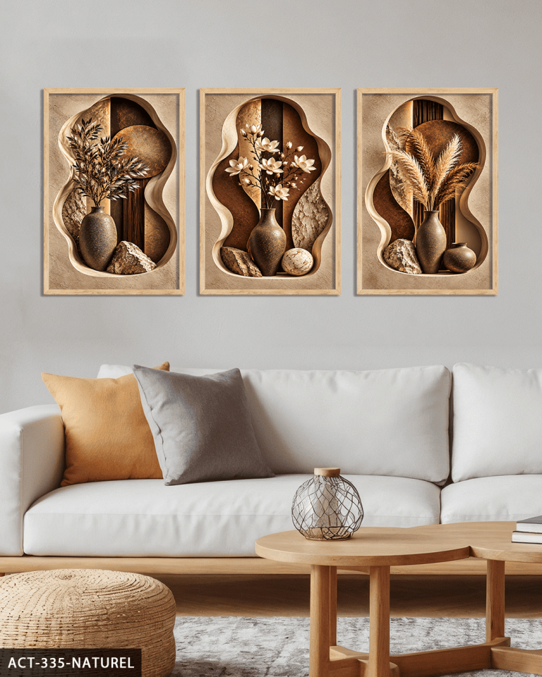 Boho Tarzda Vazoda Bitkiler 3 Parça Ahşap Çerçeveli Tablo ACT Naturel - 40 x 60 CM
