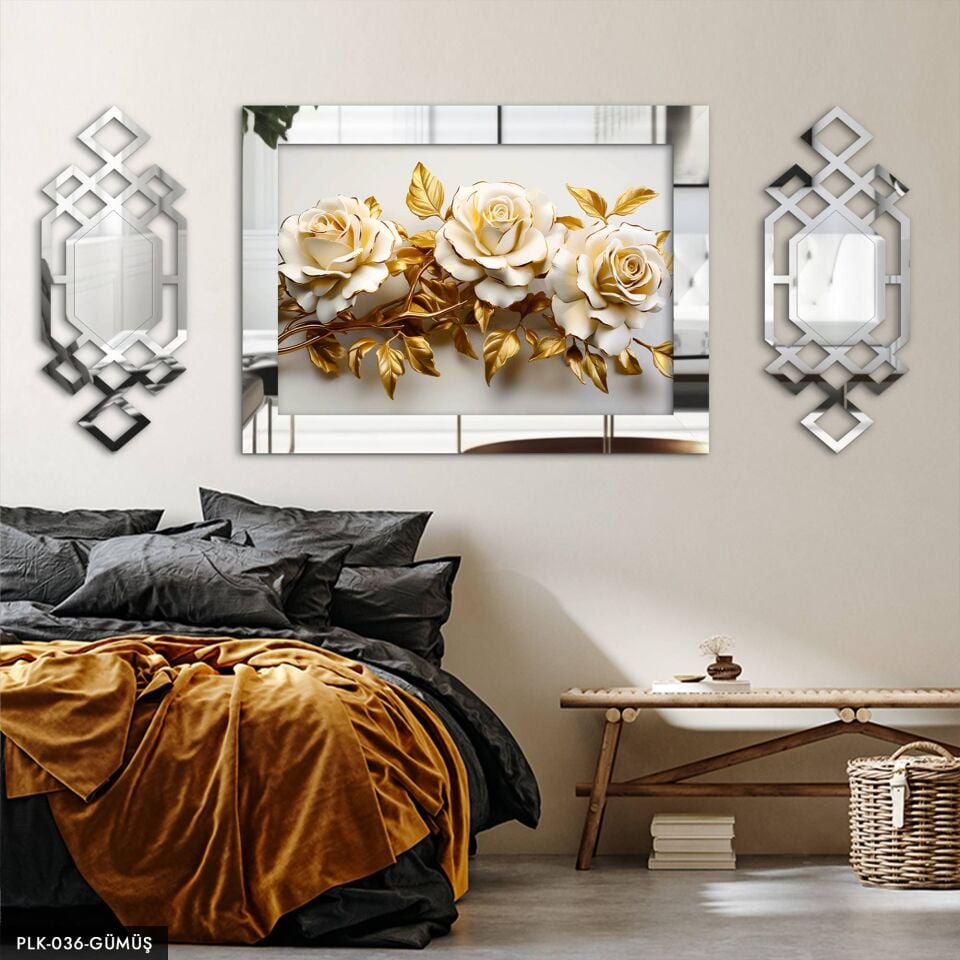 Gold Yapraklı Beyaz Güller Yan Dekorlu 3 Parça Pleksi Tablo DKRPLK 130 x 25 CM - Gümüş