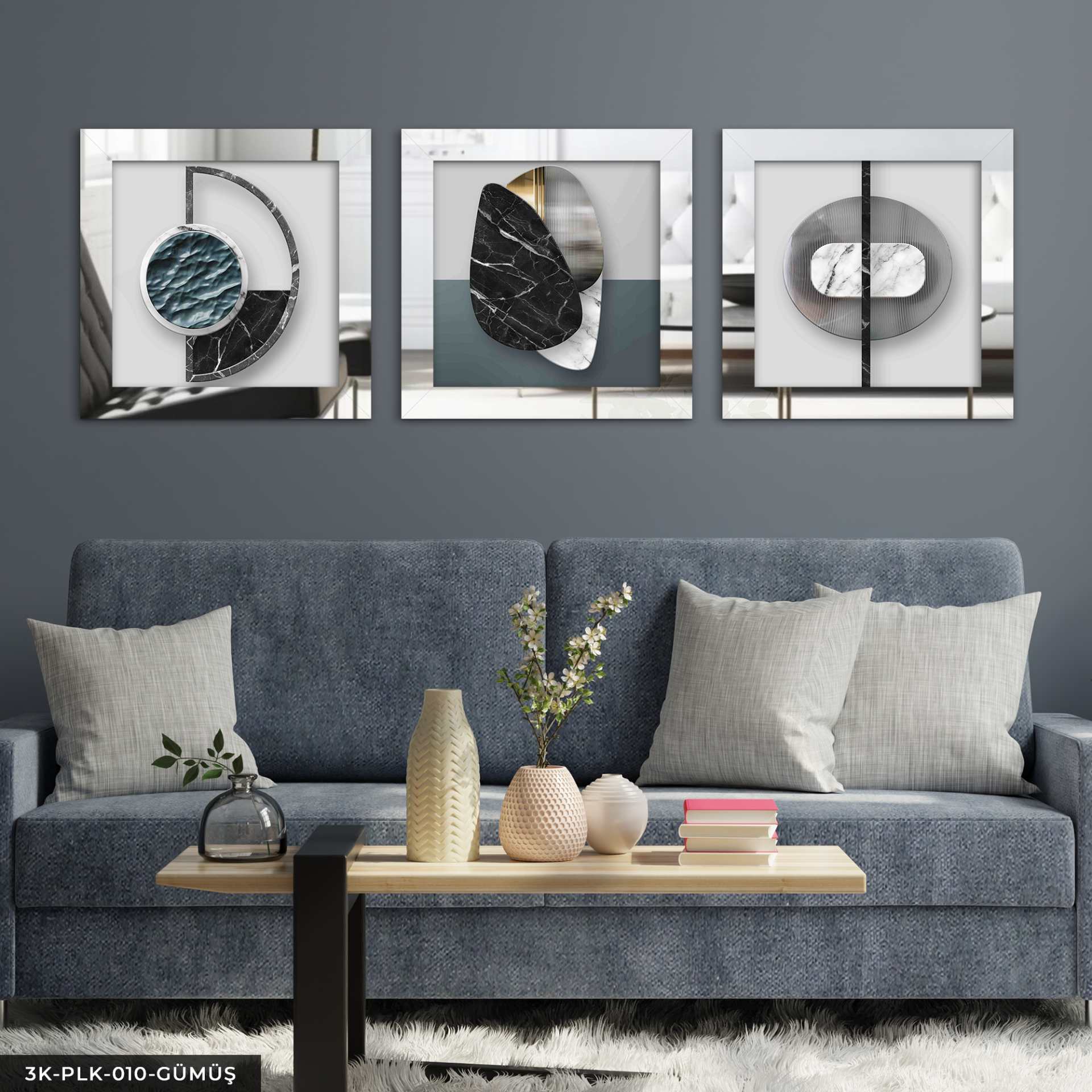 Soyut Sanat 3 Parça Pleksi Aynalı Çerçeveli Tablo Gümüş - 30 x 30 CM