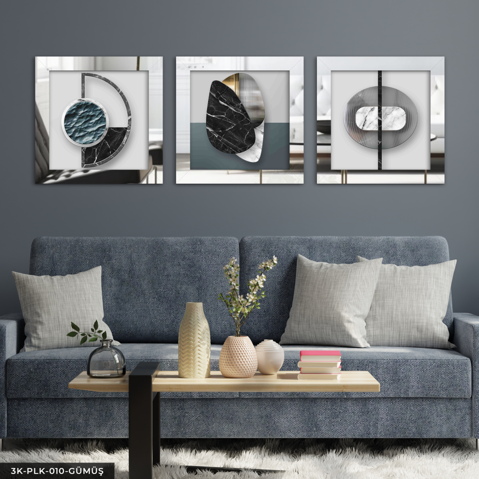 Soyut Sanat 3 Parça Pleksi Aynalı Çerçeveli Tablo Gümüş - 30 x 30 CM