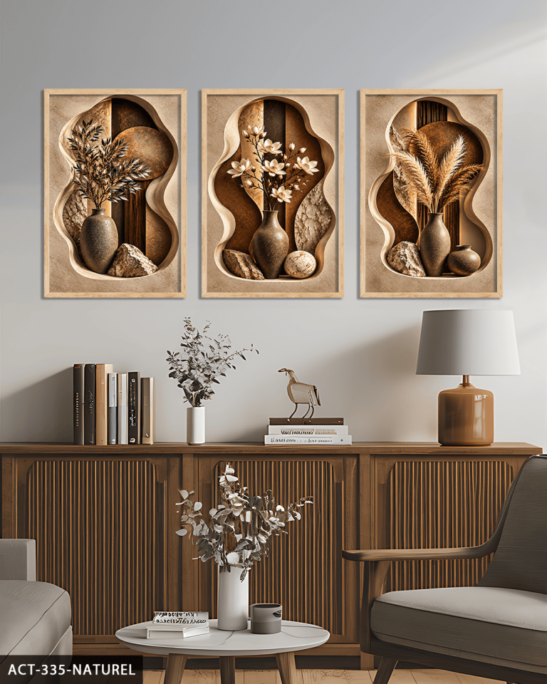 Boho Tarzda Vazoda Bitkiler 3 Parça Ahşap Çerçeveli Tablo ACT Naturel - 50 x 70 CM