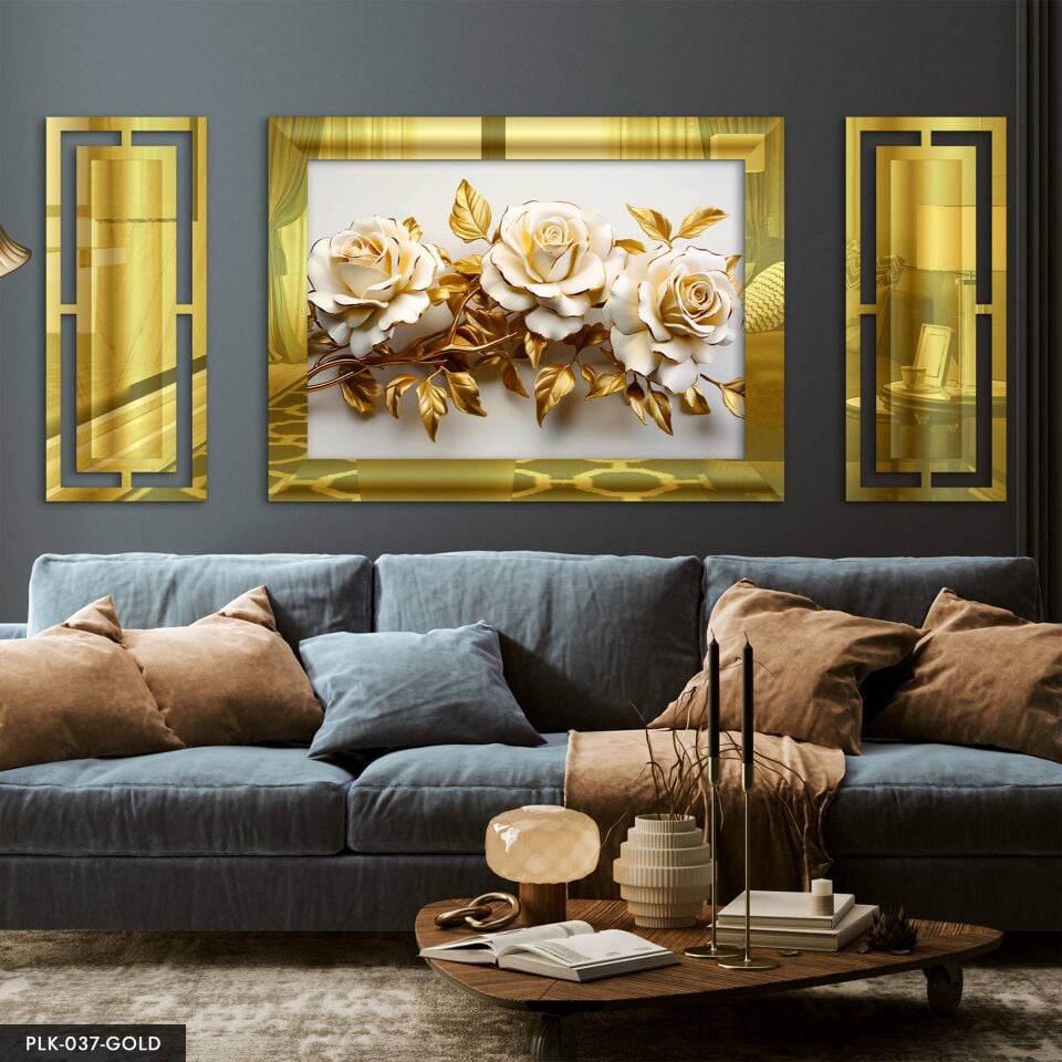 Gold Yapraklı Beyaz Güller Yan Dekorlu 3 Parça Pleksi Tablo DKRPLK 130 x 25 CM - Gold