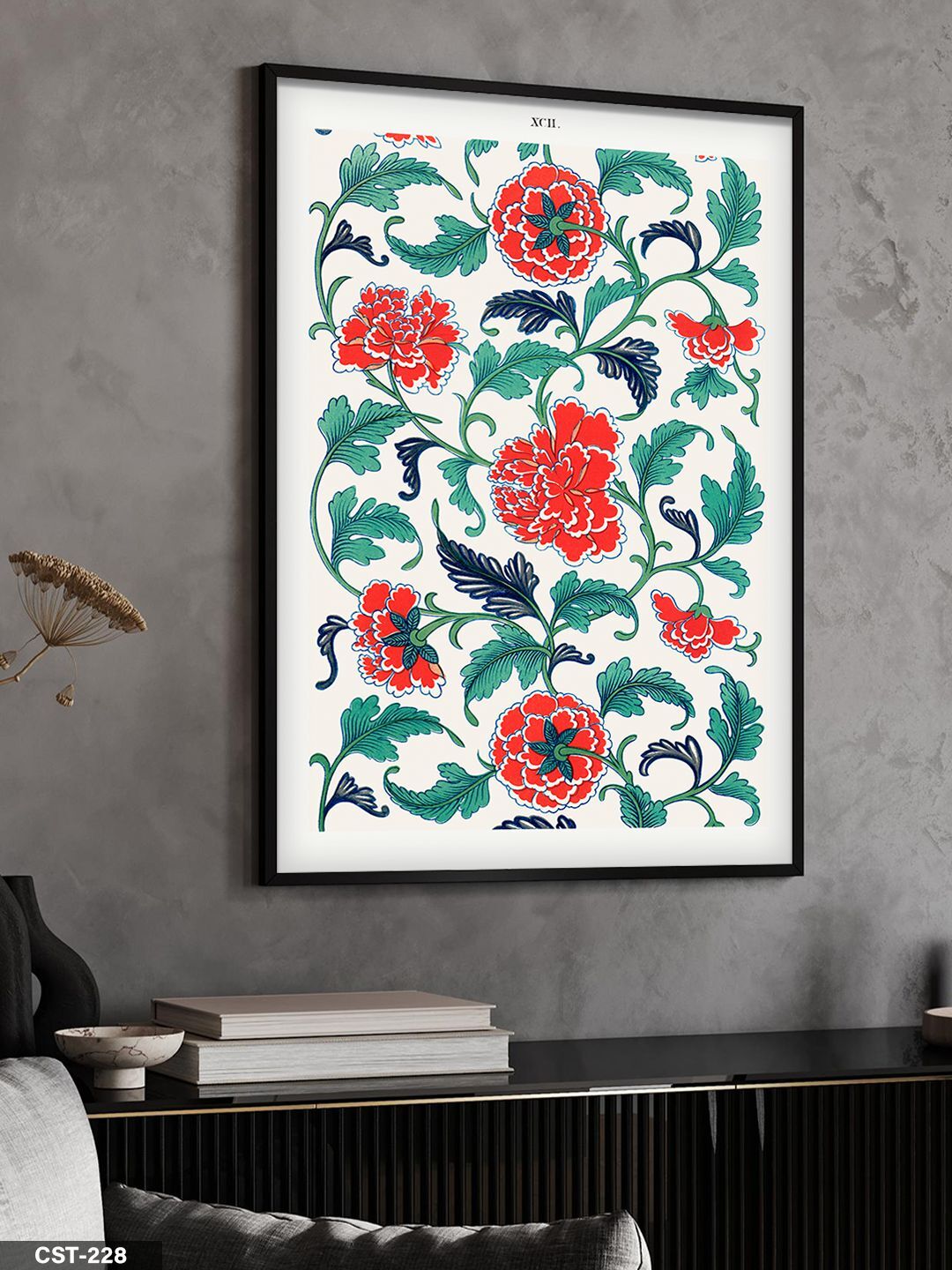 Kırmızı Çiçek Motifi Tek Parça Ahşap Çerçeveli Tablo Siyah - 30 x 40 CM