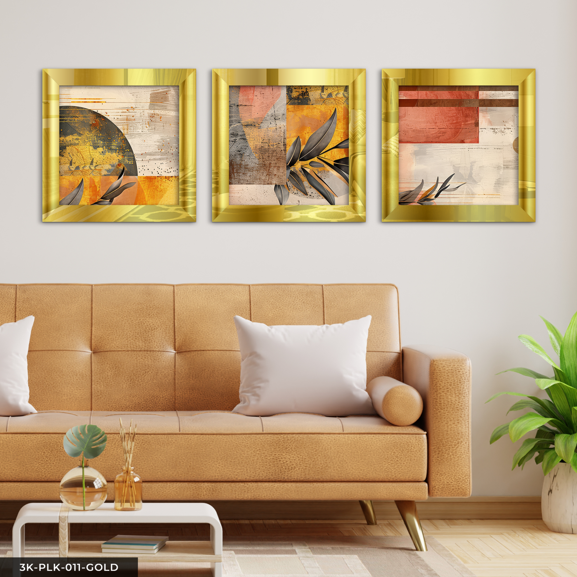 Soyut Sanat ve Yapraklar 3 Parça Pleksi Aynalı Çerçeveli Tablo Gold - 30 x 30 CM