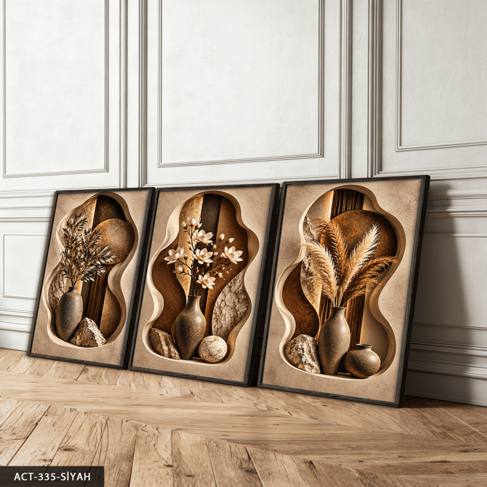 Boho Tarzda Vazoda Bitkiler 3 Parça Ahşap Çerçeveli Tablo ACT Siyah - 40 x 60 CM